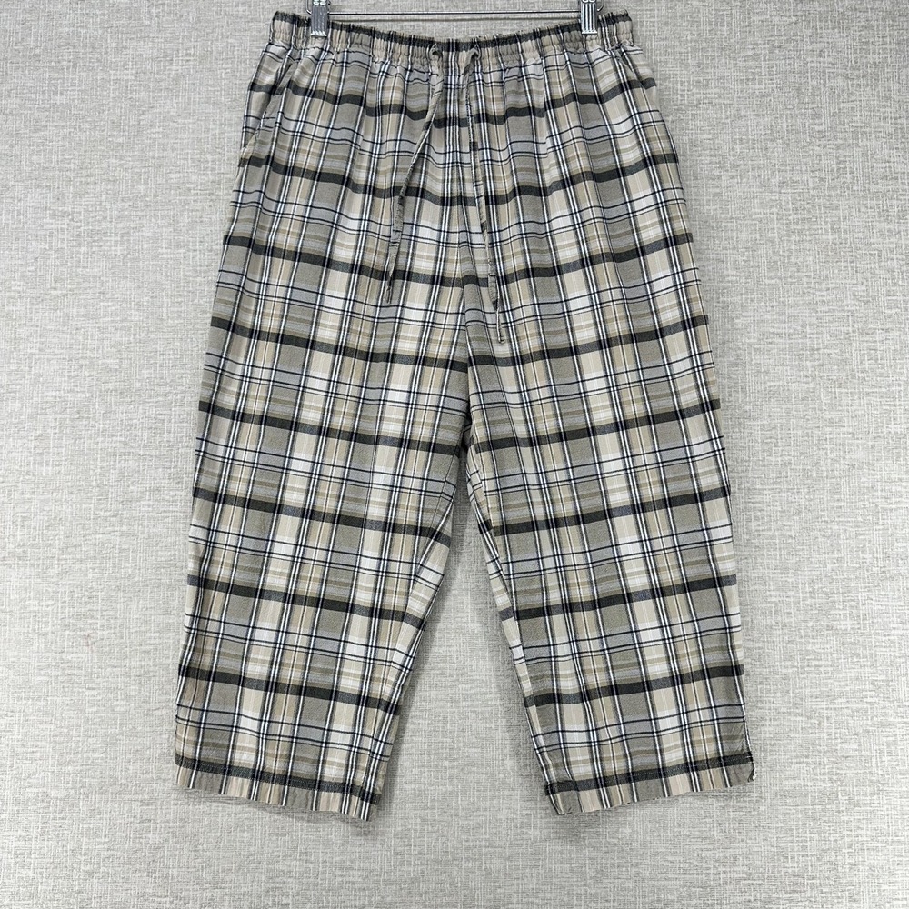 Erika & Co Capri Pants Womens Petite Large Beige Plaid Elastic Waist Drawstring